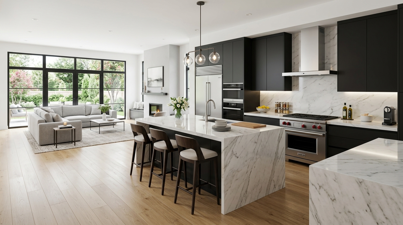 Detailed deep cleaned luxury kitchen with spotless marble benchtop