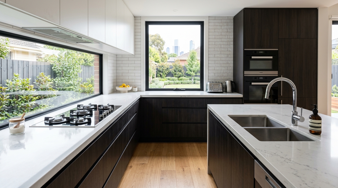Gleaming stone benchtops and clean kitchen fixtures