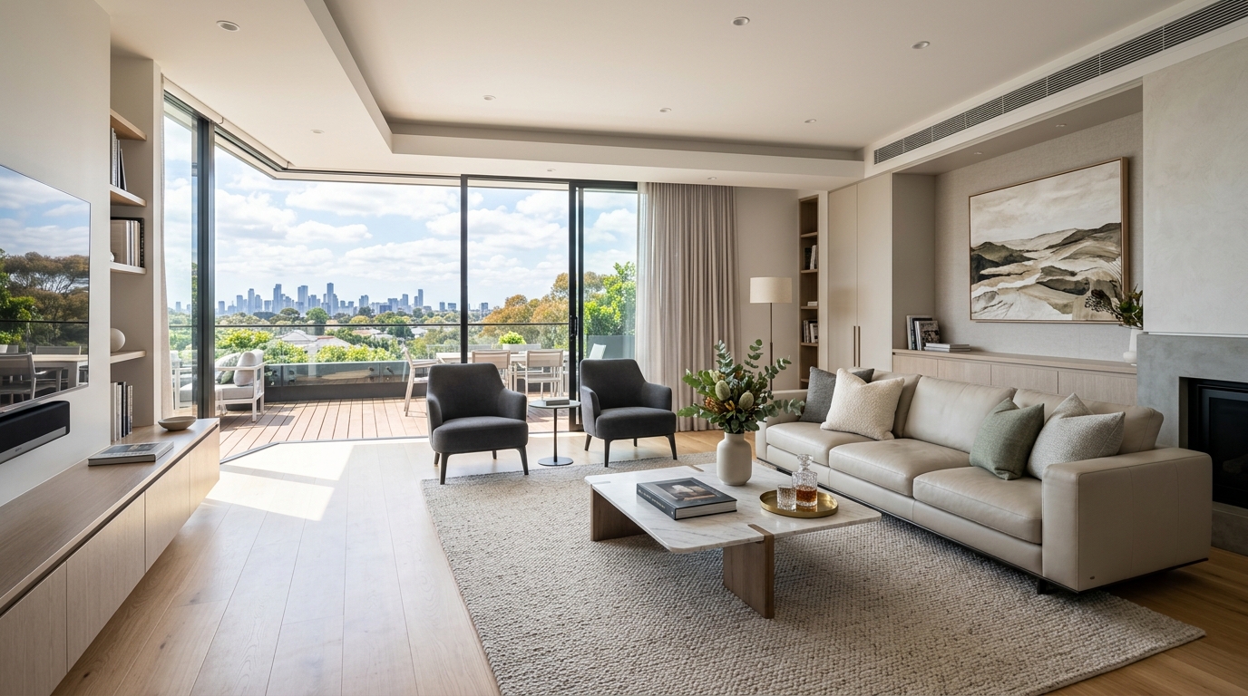 Pristine modern Melbourne living room after regular house cleaning